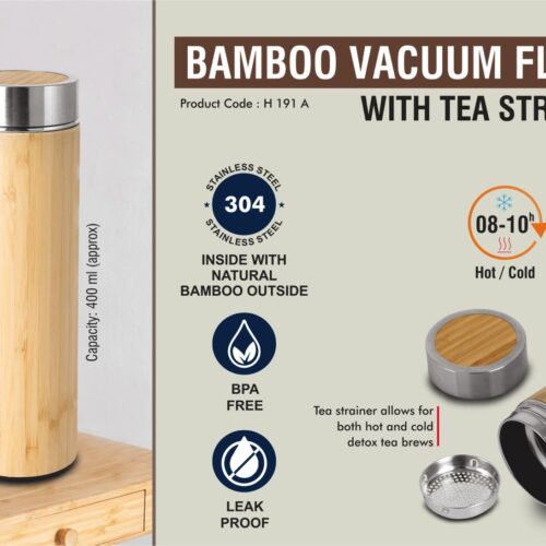 Stainless steel Bamboo Vacuum flask with Tea Strainer | Capacity 400 ml approx