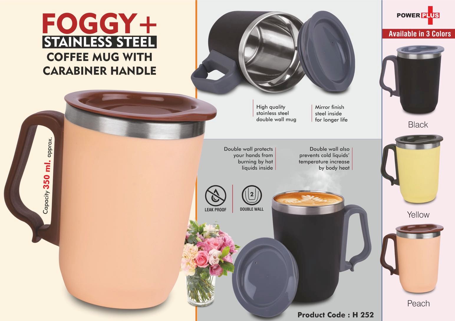 Foggy+: Stainless Steel coffee mug with Carabiner Handle | Leak Proof Cap | Capacity 350ml approx