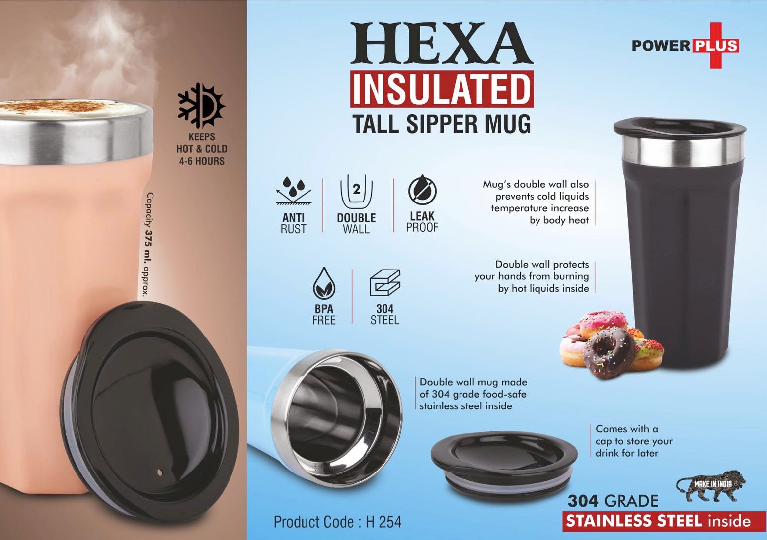Hexa Insulated: Tall sipper mug | 304 grade Stainless steel inside | Keeps hot up to 4 hours | Capacity 375ml