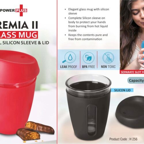 h256 Premia II: Glass mug with Full Silicon Sleeve & lid | Capacity: 350 ml