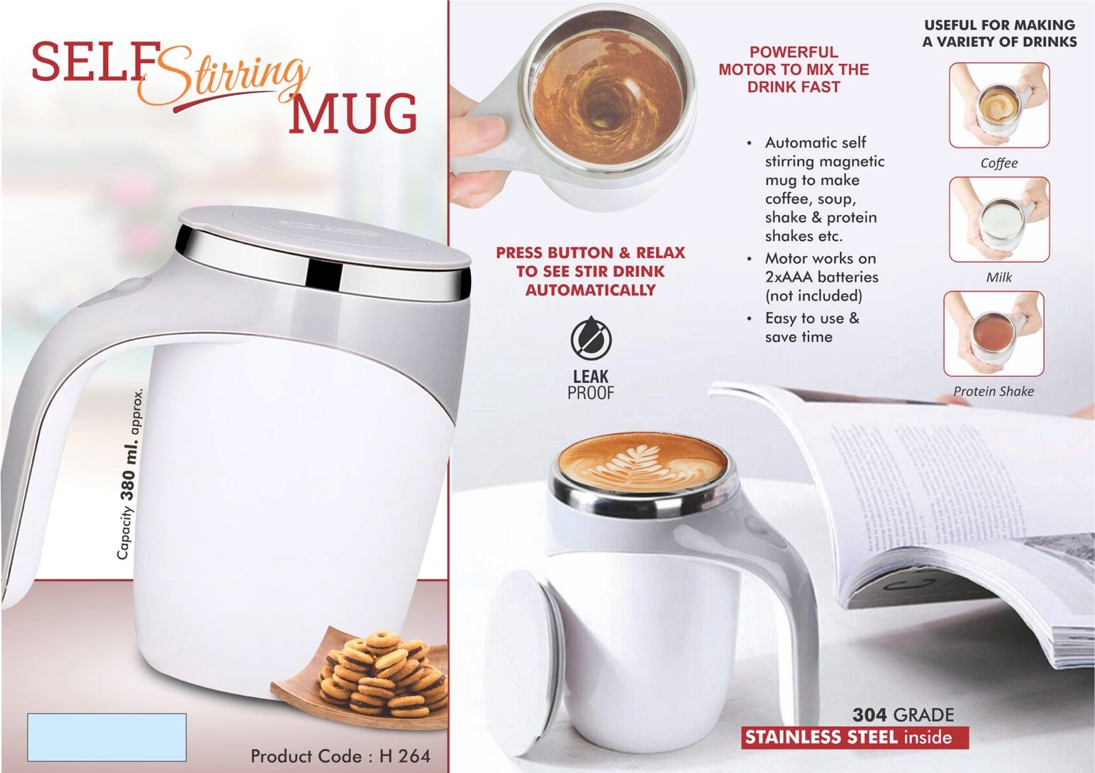 Self Stirring mug | 304 grade steel inside | Capacity 380 ml approx