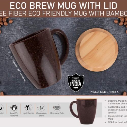 EcoBrew Mug with Lid: Coffee Fiber Eco Friendly Mug with Bamboo Lid | Capacity 300ml approx