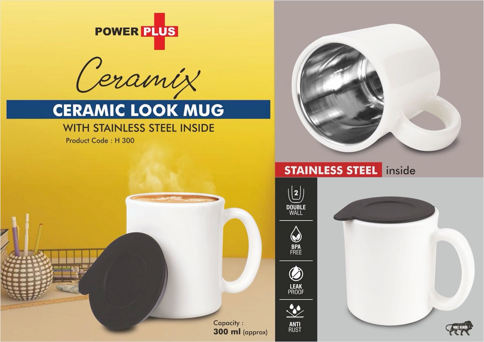 Ceramix: Ceramic Look mug with Stainless Steel inside | Lid included | Capacity 350ml approx