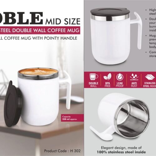 h302 Noble: Mid Size Stainless Steel Double wall Coffee mug with Pointy handle | Leak Proof | Capacity 250ml approx