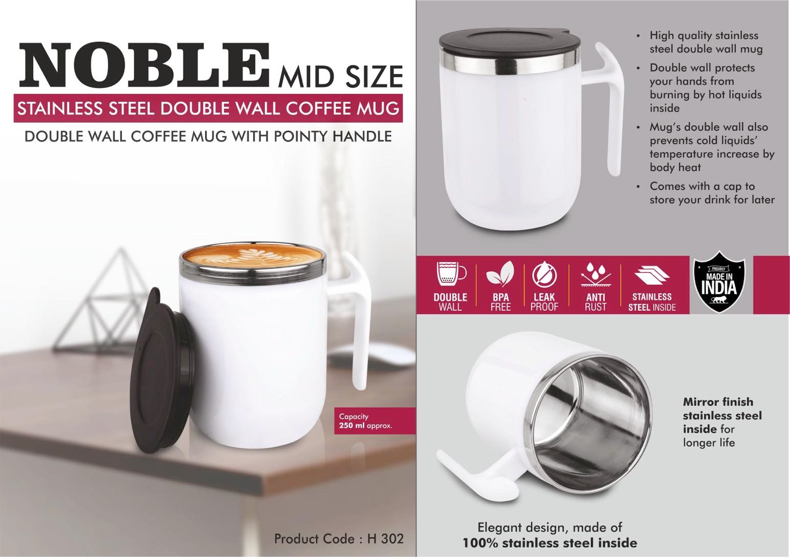 Noble: Mid Size Stainless Steel Double wall Coffee mug with Pointy handle | Leak Proof | Capacity 250ml approx