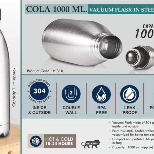 h310 Cola 1000 ml Vacuum flask in Steel Finish | 304 steel inside & outside | 18 hours hot/cold