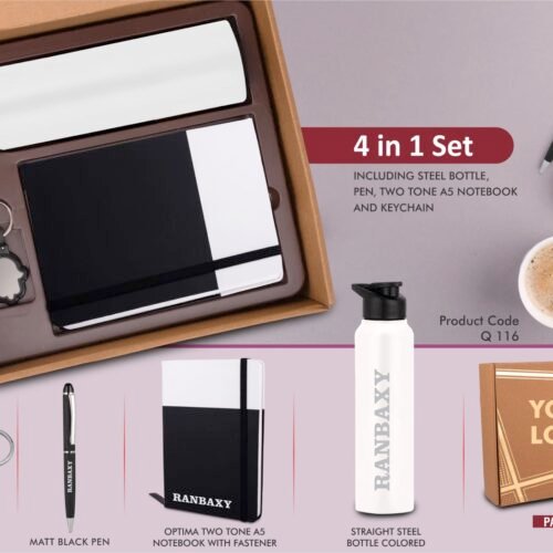 q116 4 in 1 Dual Tone set: Tulip shape Keychain, SS colored bottle, Metal Pen and A5 PU notebook in Kraft Gift Box