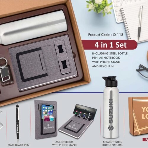 q118 4 in 1 Gray set: Metal Keychain, SS natural bottle, Metal Pen and 4 in 1 notebook in Kraft Gift Box