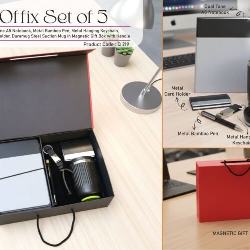 q219 Offix Set of 5: Dual Tone A5 Notebook, Metal Bamboo Pen, Metal Hanging Keychain, Metal Card Holder, Duramug Steel Suction Mug in Magnetic Gift Box with Handle