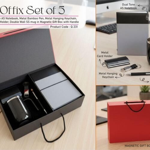 q231 Offix Set of 5: Dual Tone A5 Notebook, Metal Bamboo Pen, Metal Hanging Keychain, Metal Card Holder, Double Wall SS mug in Magnetic Gift Box with Handle