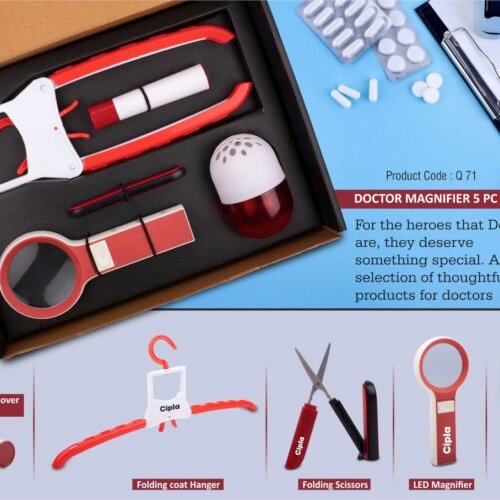 q71 Doctor Magnifier set: Folding Coat hanger, Lint remover, Folding scissors, LED Magnifier, Capsule shape Air freshener | 5 pc set