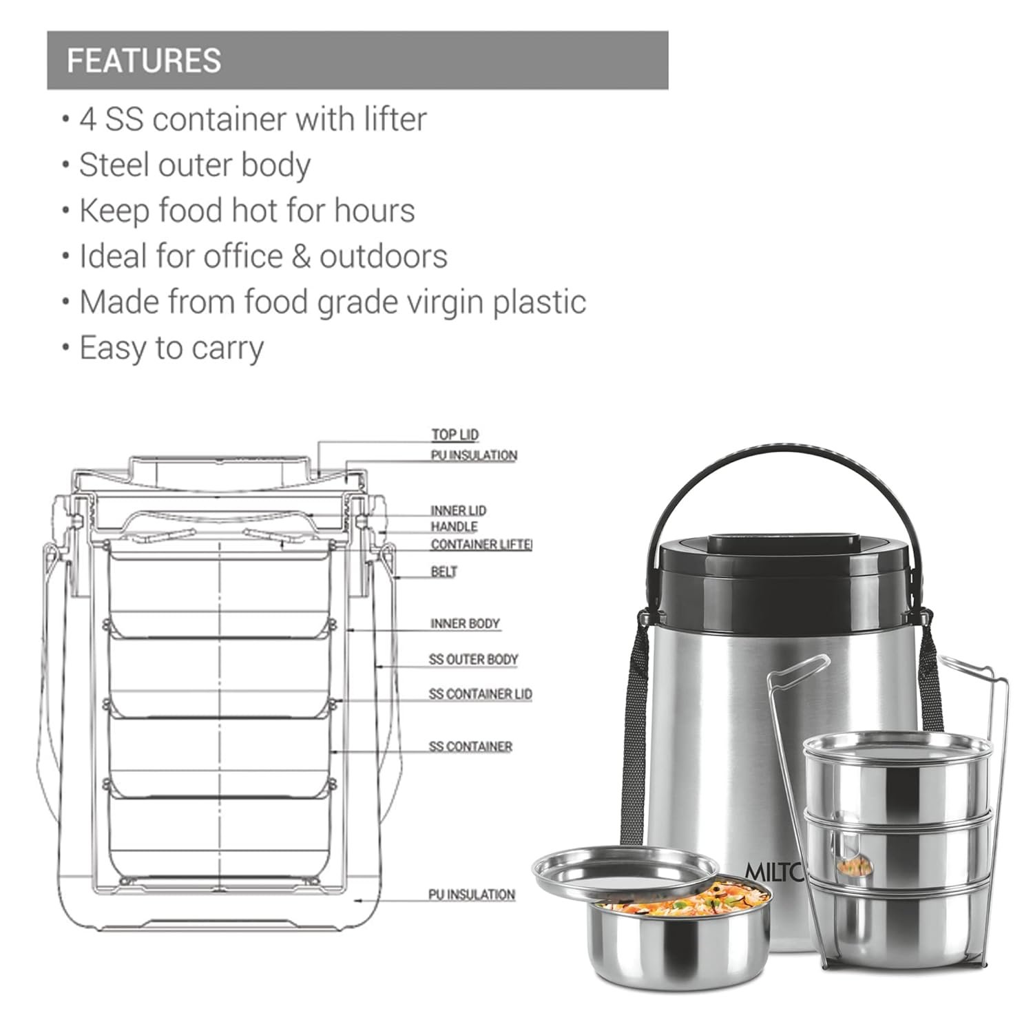 Steel On Stainless Steel Tiffin 4 Container - Image 4