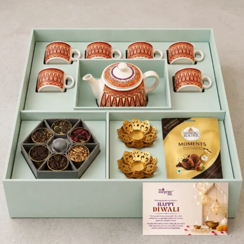 10_Discover India Tea Gift Box Mint-green gift box showing a white teapot surrounded by red-patterned teacups, arranged for Diwali.