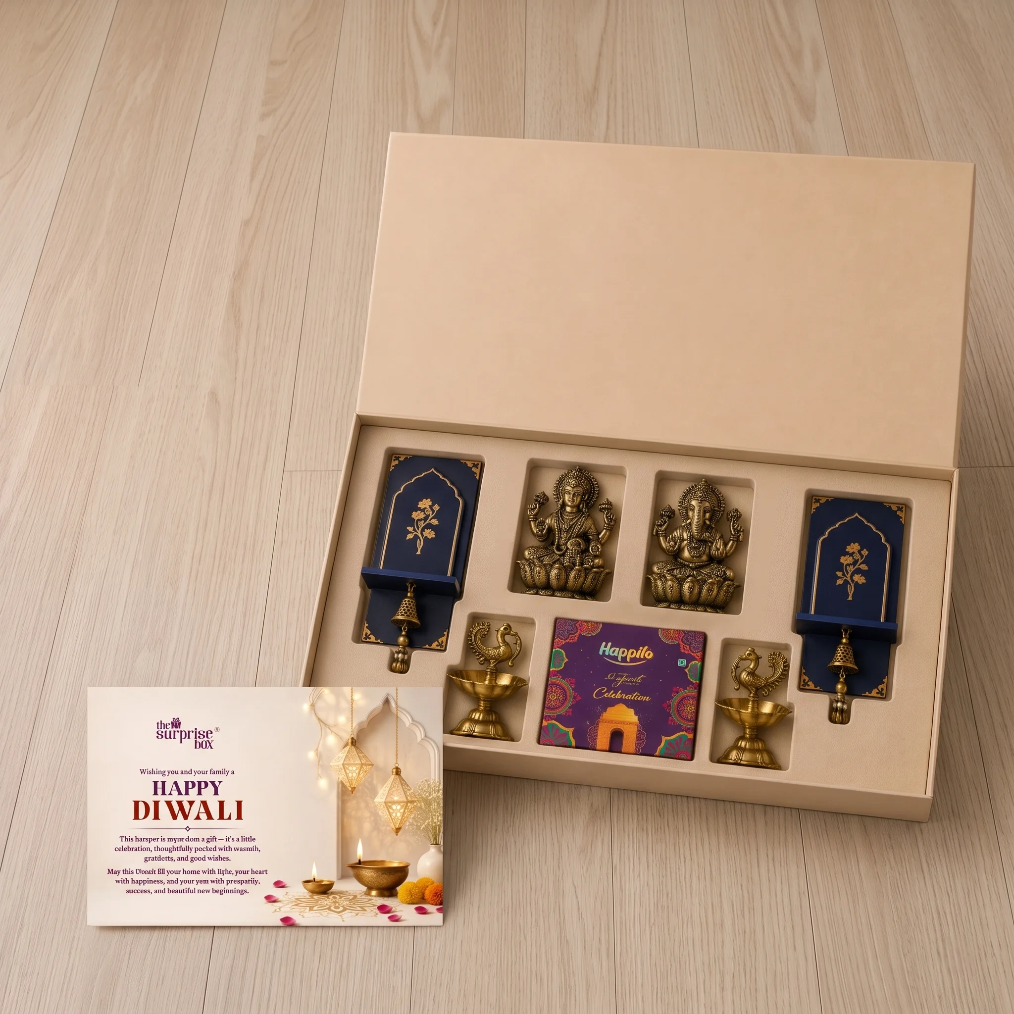 Open gift box showing gold figurines, blue decorative cards, and festive items for Diwali (top-down view).