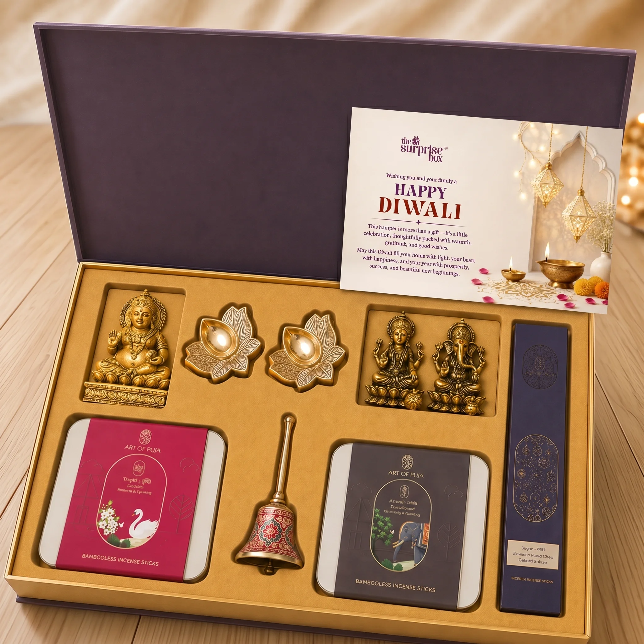Open gift box revealing gold incense-stick tins and small Hindu deity figurines with festive cards and decorations inside a purple box.