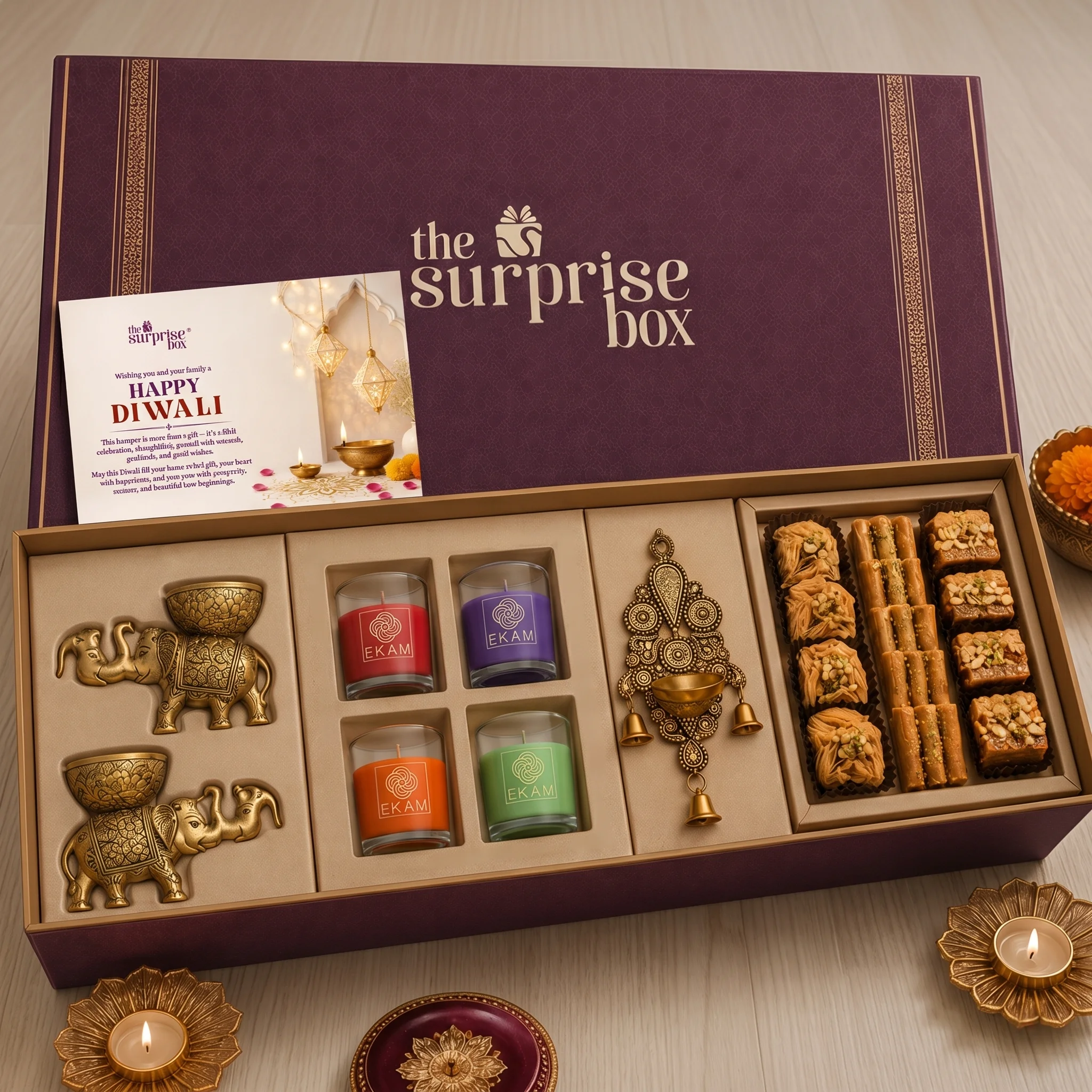 Maroon textured gift box with 'the surprise box' logo, a festive card, and an assortment of candles and sweets for Diwali