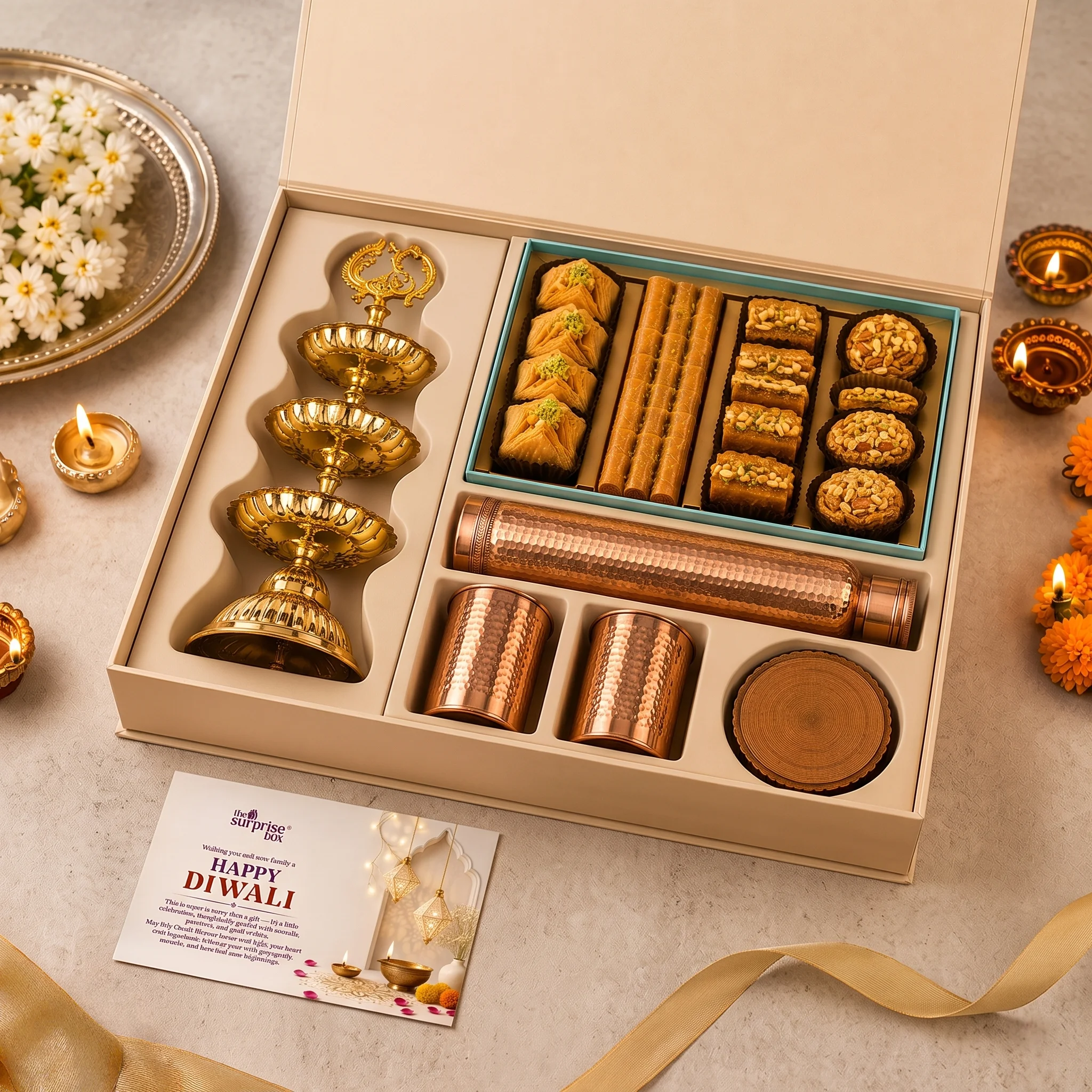 Box of assorted Indian sweets in turquoise and cream packaging, with gold serving ware and flowers nearby for Diwali gift set.